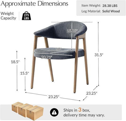 HULALA HOME Mid-Century Modern Dining Chairs Set of 6, Wooden Upholstered Kitchen Chairs with Armrest, Curved Backtrst & Wood Legs Armchairs Accent Chairs for Dining Living Room - Navy