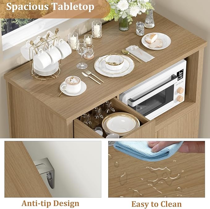 Storage Cabinet with Adjustable Shelves & Microwave Stand, Buffet Sideboard with Drawer, Single and Double Doors for Kitchen, Dining Room, Natural
