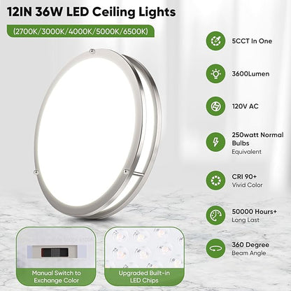 TOBUSA 2-Pack 12 Inch Flush Mount LED Ceiling Lights, 36W 3600lm Super Bright Kitchen Light Fixtures, 5CCT Adjustable LED Lights for Bedroom Bathroom Closet, Modern Ceiling Lamps, Brushed Nickle