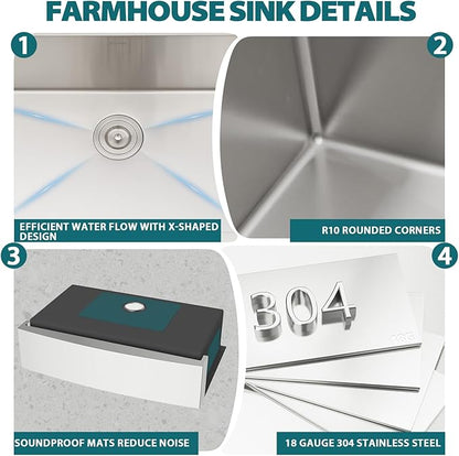 33 Farmhouse Kitchen Sink - 33x22 Inch Apron Front Farm Workstation Sink 16 Gauge Stainless Steel Single Bowl Deep Basin with Sliding Accessories