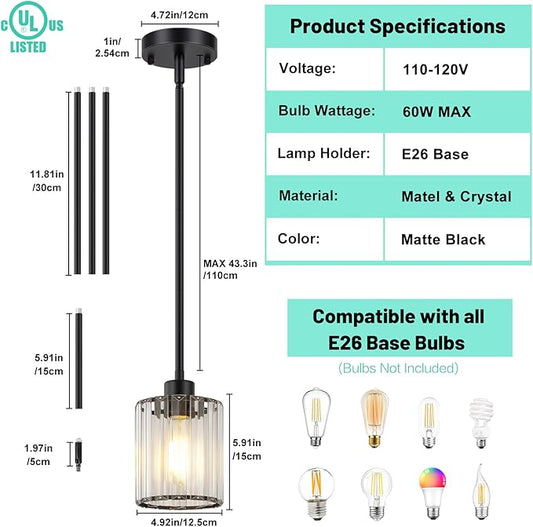 1 Pack Black Pendant Light, Modern Kitchen Island Lighting with Clear Crystal Shade, Adjustable Height Rods Hanging Light Fixtures, Mini Ceiling Pendant Lights for Sink Dining Table Hallway
