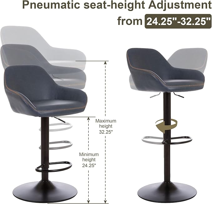 Glitzhome Bar Table and Chairs Set, Round Black Steel Pub Table with Soild Elm Wood Top and Bar Height Adjustable Swivel PU Leather Bar Stool for Breakfast Nook Living Room Small Space Restaurant