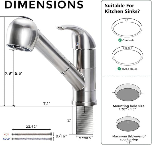 Comllen Commercial Pull Out Kitchen Faucet Brushed Nickel, Stainless Steel Single Handle Small Kitchen Sink Faucet, Single Hole Low Kitchen Faucets with Sprayer, Deck Plate