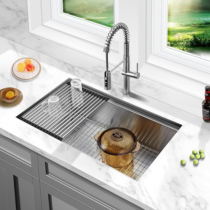 33 Inch Undermount Kitchen Sink Workstation, Stainless Steel Kitchen Sinks Single Bowl, Handmade Large Undermount Sink 33x19x10 with Accessories