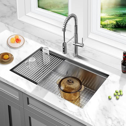 33 Inch Undermount Kitchen Sink Workstation, Stainless Steel Kitchen Sinks Single Bowl, Handmade Large Undermount Sink 33x19x10 with Accessories