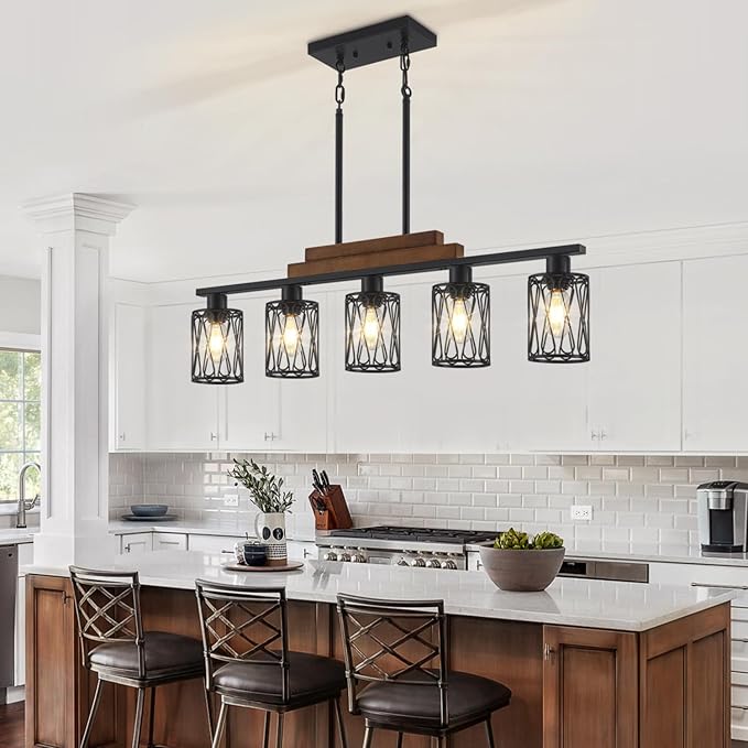 5-Light Farmhouse Kitchen Island Lighting Dining Room Light Fixture Over Table Matte Black Rustic Wood Hanging Kitchen Chandelier with Metal Shade Adjustable Height Pendant Lights for Dining Room