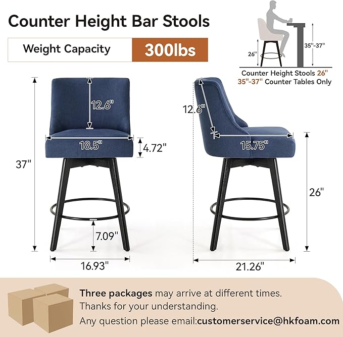 Counter Height Bar Stools Set of 6, Swivel Barstools with Backs and Wood Legs, Linen Fabric Upholstered Counter Stools for Kitchend Island, Mid-Century Modern 26" Seat Height Bar Chairs, Blue