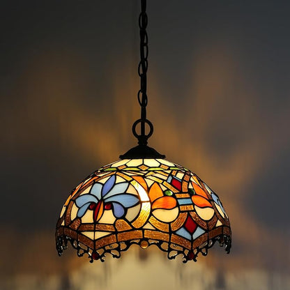 Tiffany Pendant Light Plug-in Stained Glass Hanging Lamp 12”x12”x181” Yellow Phoenix Tail Swag Light Vintage Lamp Decorative Lighting for Dining Room Living Room Kitchen Hallway
