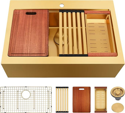 Rhbamoa 33 Inch Gold Farmhouse Sink,16 Gauge T304 Gold Single Bowl Apron Front Kitchen Farm Sink,10 Inch Depth Topmount Farmhouse Kitchen Sinks with All Golden Accessories
