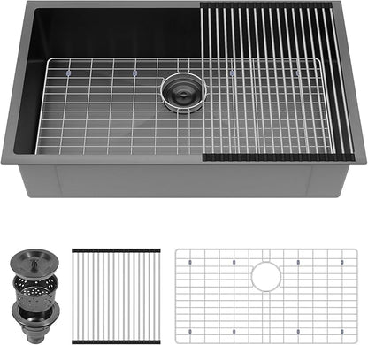 32 Inch Black Kitchen Sink Undermount - Delironexu Undermount Kitchen Sink Black, 16 Gauge Stainless Steel Sinks Single Bowl, 32''x19'' black Stainless Steel sink with 4 Accessories
