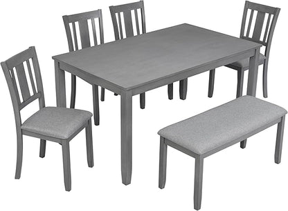 6-Piece Wooden Dining Table Set with 4 Upholstered Chairs and 1 Bench, Rectangular Kitchen Table Set for 6 People, Modern Dining Room Table for Kitchen and Dining, Gray