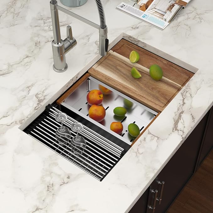 30 Inch Black Undermount Kitchen Sink Workstation- Couoko Matte Black 16 Gauge T304 Stainless Steel Single Bowl Undermount Sinks NANO PVD Large Deep Handmade Round Corner Sinks Basin 30"x19"x9"