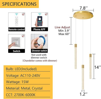 Mini Chandelier Modern Crystal Pendant Lights for Kitchen Island LED Dimmable Light fixtures Adjustable Hanging Ceiling Pendant Lighting for Dining Room Hallway 3000K 6000K
