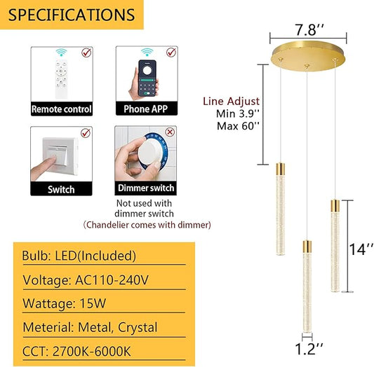 Mini Chandelier Modern Crystal Pendant Lights for Kitchen Island LED Dimmable Light fixtures Adjustable Hanging Ceiling Pendant Lighting for Dining Room Hallway 3000K 6000K