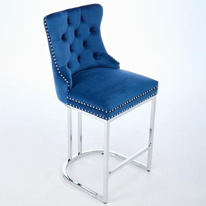 25" Counter Height Bar Stools Set of 2, Modern Velvet with Button Back Rivet Trim Upholstered Kitchen Island Chairs with Sturdy Chromed Metal Base Legs Farmhouse Bar Stools, (Blue,2 Pack)