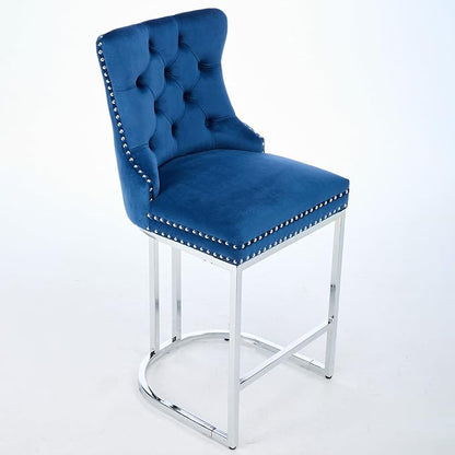25" Counter Height Bar Stools Set of 2, Modern Velvet with Button Back Rivet Trim Upholstered Kitchen Island Chairs with Sturdy Chromed Metal Base Legs Farmhouse Bar Stools, (Blue,2 Pack)