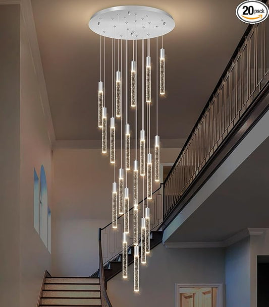 HAIXIANG W24 x H157 Glam Chandelier Bubble Crystal Ceiling Chandeliers Remote Dimmable LED Light High Ceiling Pendants Light Fixtures Adjustable Long Lights 24-Lights Silver Lamp