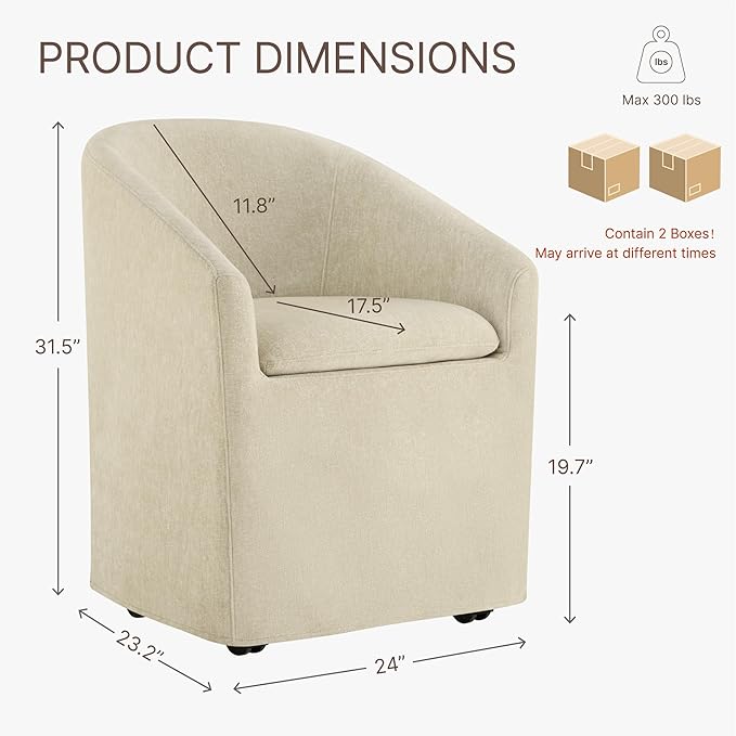 KISLOT Upholstered Dining Chairs Set of 2 with Casters, Modern Side Barrel Armchair with Washable Slipcover & Sturdy Metal Frame for Diningroom Bedroom Livingroom Reading Room, Sand Fabric