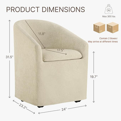 KISLOT Upholstered Dining Chairs Set of 2 with Casters, Modern Side Barrel Armchair with Washable Slipcover & Sturdy Metal Frame for Diningroom Bedroom Livingroom Reading Room, Sand Fabric