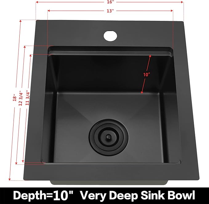 LQS Matte Black Stainless Steel Sink Drop In, 16” x 18” Black Small Laundry Sink, Prep Sink with Cutting Board Drop In, Black Kitchen Sinks with Workstation Ledge For RV, Outdoor and Prep Use