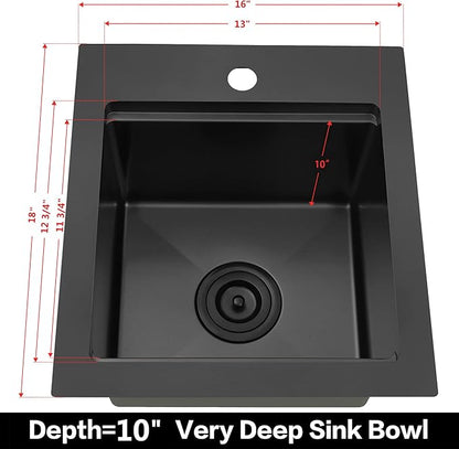 LQS Matte Black Stainless Steel Sink Drop In, 16” x 18” Black Small Laundry Sink, Prep Sink with Cutting Board Drop In, Black Kitchen Sinks with Workstation Ledge For RV, Outdoor and Prep Use