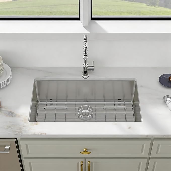 33 Inch Undermount Kitchen Sink - Fuyuoer 33x19 Inch Under Counter 16 Gauge Stainless Steel Single Bowl, 9'' Deep Basin with Round Corners