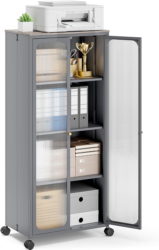 Metal Storage Cabinet Organizer,Kitchen Storage Cabinets With Doors and Shelves,Small Tall Narrow Cabinet with Acrylic Doors & Wheels, Slim Office Cabinets Shelf,NO SCREW NO TOOL ASSEMBLY,Gray