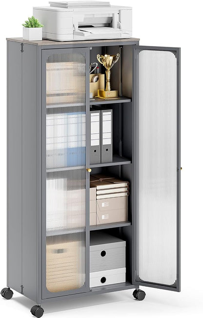 Metal Storage Cabinet Organizer,Kitchen Storage Cabinets With Doors and Shelves,Small Tall Narrow Cabinet with Acrylic Doors & Wheels, Slim Office Cabinets Shelf,NO SCREW NO TOOL ASSEMBLY,Gray