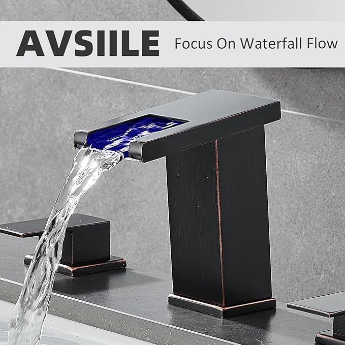 AVSIILE LED Bathroom Faucet 3 Hole, Oil Rubbed Bronze Waterfall Bathroom Faucets, 8 Inch Widespread Modern Bathroom Sink Faucet & Parts, Wide Spread Touch On Three Hole 2 Handle Bathroom Vanity Faucet