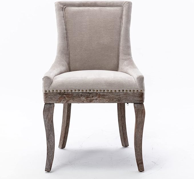 2 Pieces Dining Chair, Bar Chairs, Kitchen Island Chairs, Thickened Fabric Chairs with Neutral Toned Solid Wood Legs, Bronze Nail Head Accent, Sturdy Structure, for Living Room Dining Room, Beige