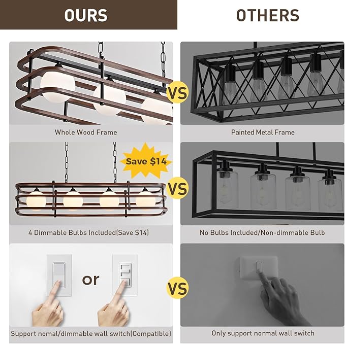 35.4" Farmhouse Dining Room Light Fixture, 4-Light Kitchen Island Lighting, Rustic Rectangular Chandeliers for Kitchen Island, Wood Linear Pendant Light Over Table