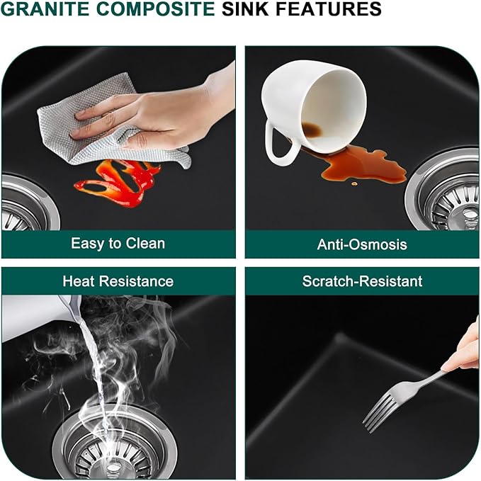 Granite Composite Kitchen Sink - 32 Inch Granite Kitchen Sink Undermount All-In One Workstation Matte Black Quartz Classic Under Counter Single Bowl Sinks for Kitchen, 32"x19" #TLGU-132