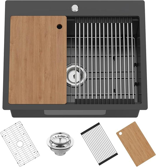 Black 25x20In Kitchen Sink Workstation-Stainless Steel Drop In Single Bowl Built-in Ledge Topmount Workstation Sink For Placing/Sliding Accessory-Cutting Board,Drying Rack,Convenient And Functional