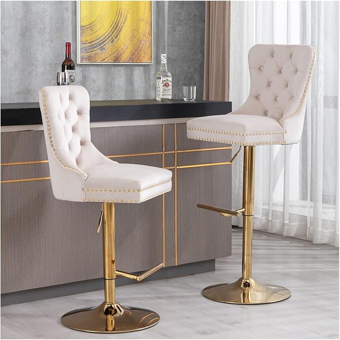 Thick Golden Swivel Velvet Barstools Adjusatble Seat Height from 27-35 Inch, Modern Upholstered Bar Stools with Backs Comfortable Tufted for Home Pub and Kitchen Island