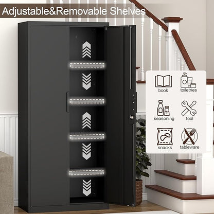GREATMEET Metal Garage Storage Cabinets, 71" Tall Locking Cabinets with Doors and Shelves, Utility Cabinet with Lock for Garage, Home, Black