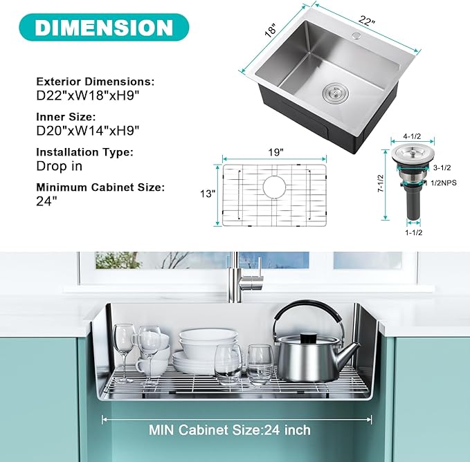 22x18 Inch Drop-In Kitchen Sink, 304 Stainless Steel Single Bowl with Bottom Grid & X-Drain, 9" Deep for Narrow Countertop, Small Kitchen, RV, Bar Sink
