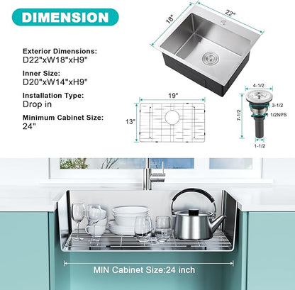 22x18 Inch Drop-In Kitchen Sink, 304 Stainless Steel Single Bowl with Bottom Grid & X-Drain, 9" Deep for Narrow Countertop, Small Kitchen, RV, Bar Sink