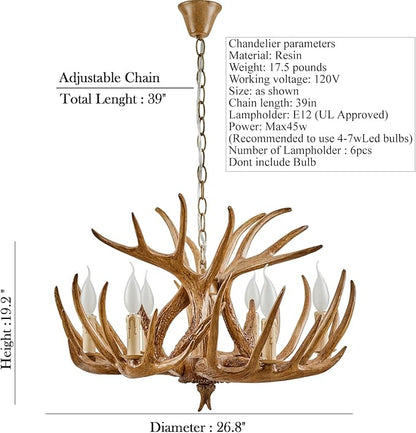 Farmhouse Antler Chandelier, Rustic Deer Antler Chandelier Lighting Fixtures, 6-Light, Vintage Deer Horn Pendant Light Fixtures for Home Bar Coffee Hotel Store (Brown 6 Light Arms+3 arms)