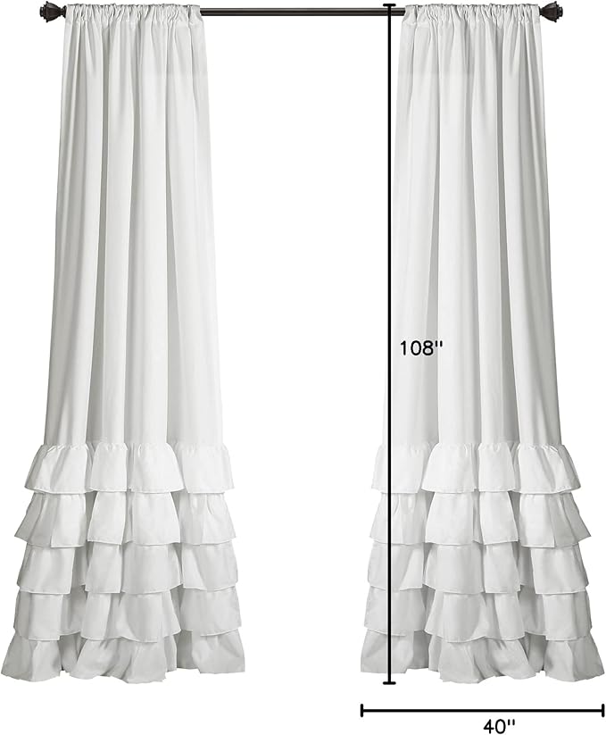 Lush Decor Allison Ruffle Light Filtering Window Curtain Panels Pair 40" W x 108" L White - Coquette Curtains for Bedroom - Drapes - Ruffle Curtains Kids