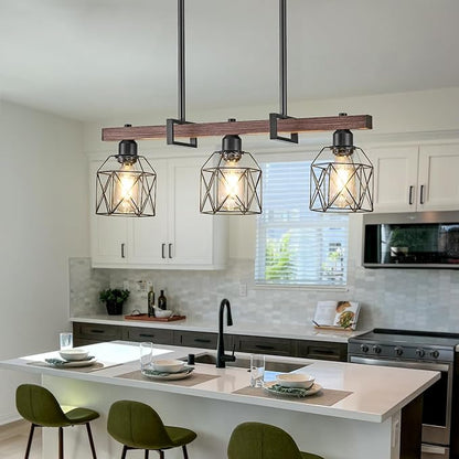 3-Light Vintage Industrial Pendant Light Over Table, Adjustable Hanging Light with Walnut Finish & Matte Black Metal Frame, E26 Base Modern Rustic Chandelier for Kitchen Island