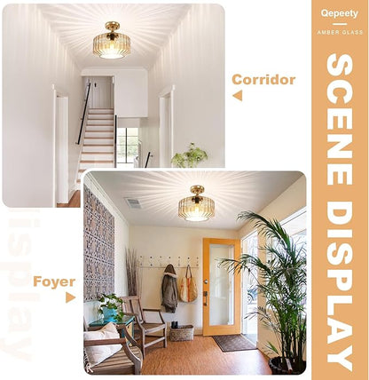 Mid Century Modern Flush Mount Light with Amber Striped Hand-Blown Glass Shade, 11.02" Gold Ceiling Fixture Farmhouse Close-to-Ceiling Lighting for Kitchen Dining Room Hallway