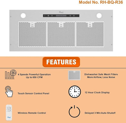 Awoco 14-1/2”D Built-in/Insert Stainless Steel Range Hood, 4-Speed, 650 CFM, LED Lights, Mesh Filters for Wood Hood (36"W 15"D Mesh Filters)