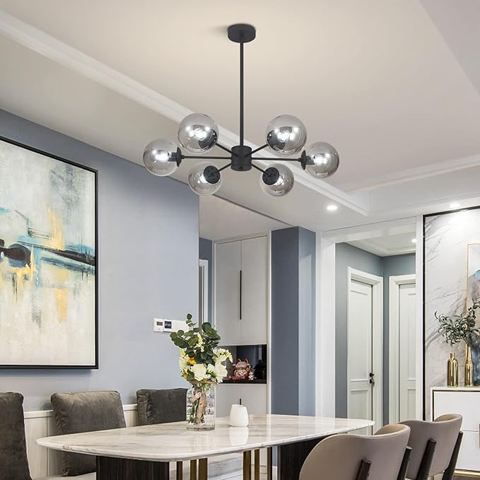 KCO Lighting Mid Century Modern Globe Sputnik Chandelier 6-Light Smoke Gray Glass Globe Flush Mount Ceiling Light Black Farmhouse Kitchen Island Lighting Fixture (Black+Smoke Gray)