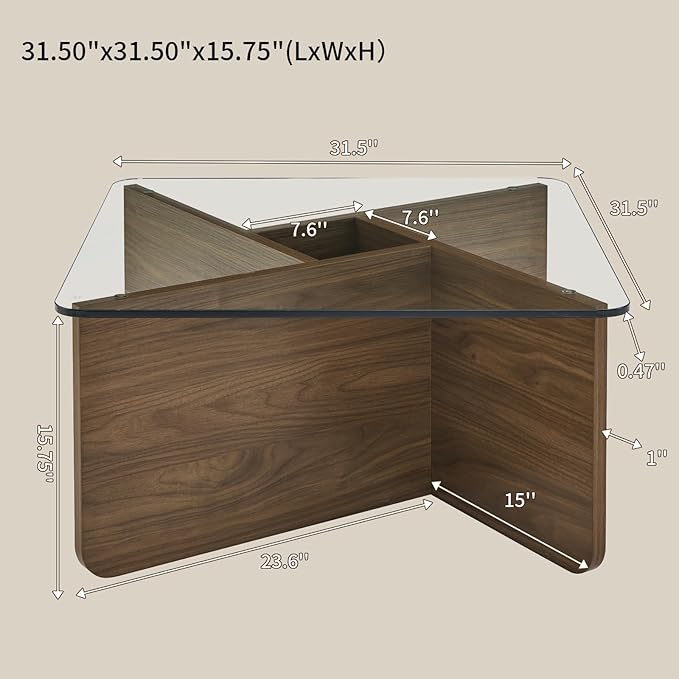 31.5" Square Glass Coffee Table, Mid-Century Modern Coffee Table with Tempered Glass Top and MDF Frame, Center Table for Small Spaces, Living Room, Office, Apartment, Walnut