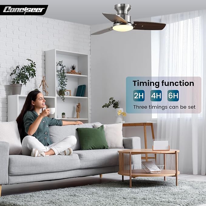 30 Inch Ceiling Fans with Lights and Remote, Bedroom Living Room Office, Flush Mount, 3CCT Dimmable, Dual Color 3 Blades 6 Speed Reversible Quiet DC Motor, Sand-Nickel/Wood Grain, 2 Pack
