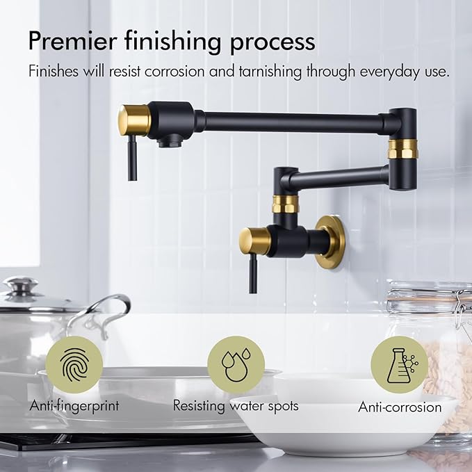 BAGNOLUX Pot Filler Faucet Over Stove, Traditional Pot Filler Wall Mount Commercial Solid Brass Kitchen Faucet, Pot Filler Folding Faucet with Double Joint Swing Arm 23.4 inch, Black and Gold