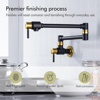 BAGNOLUX Pot Filler Faucet Over Stove, Traditional Pot Filler Wall Mount Commercial Solid Brass Kitchen Faucet, Pot Filler Folding Faucet with Double Joint Swing Arm 23.4 inch, Black and Gold