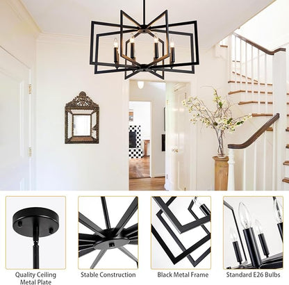 Black Chandelier for Dining Room 8-Light Farmhouse Chandelier,Modern Geometric Industrial Meta Pendant Light Fixture Adjustable Height Hanging Lighting for Dining Room,Living Rooms,Villas,Entryway