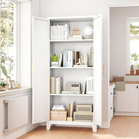Zevemomo 61" H Metal Kitchen Pantry Cabinet, Freestanding Cupboard with 2 Doors and 3 Adjustable Shelves, Tall Metal Storage Cabinet for Kitchen, Bathroom, Dinning Room or Laundry Room （White）