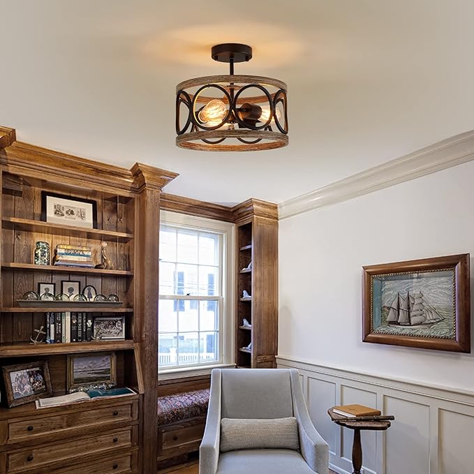 MEIXISUE Semi Flush Mount Modern Farmhouse Ceiling Light Fixtures,3-Lights Black and Retro Wood Finish,Drum Shade Rustic Light Fixtures for Entryway Hallway Foyer Kitchen Dining Room Bedroom